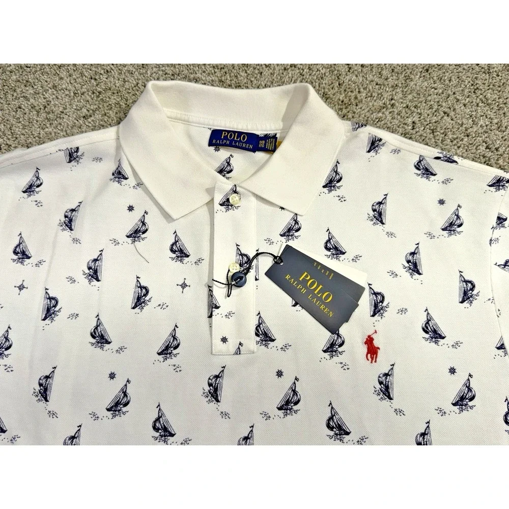 Polo Ralph Lauren Polo Shirt Mens 1XB White Boats Nautical All Over Print NWT